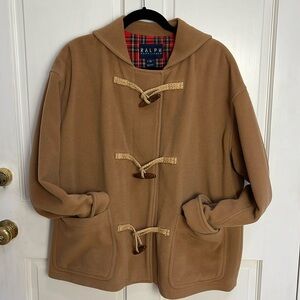 Ralph Lauren Toggle Coat Blue label, tan Medium,  Red Plaid lining like new VTG